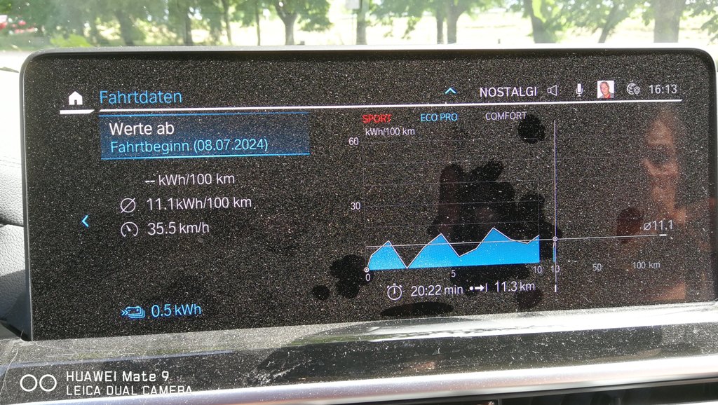 Ausflug mit Elektroauto an den Rhein, die zurückgelegte Strecke von 11 Km mit Verbrauchswerte zum sparen